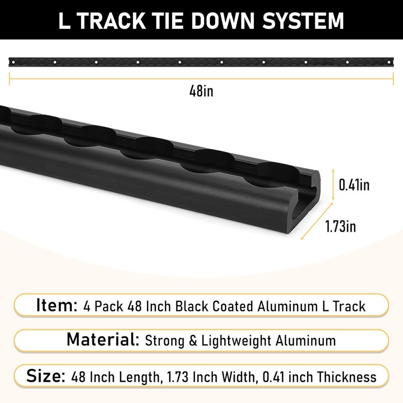 lukar 2 Pack 4ft Black L Track Rail and 8pcs L Track Single Stud Fitting, 10 Piece L Track Tie Down System, Truck Bed Rail for Enclosed Trailer, Trucks, Vans, Pickup - Image 3